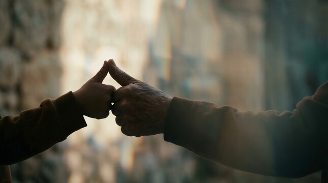 Close up of young and old hands giving thumbs up gesture for intergenerational support concept