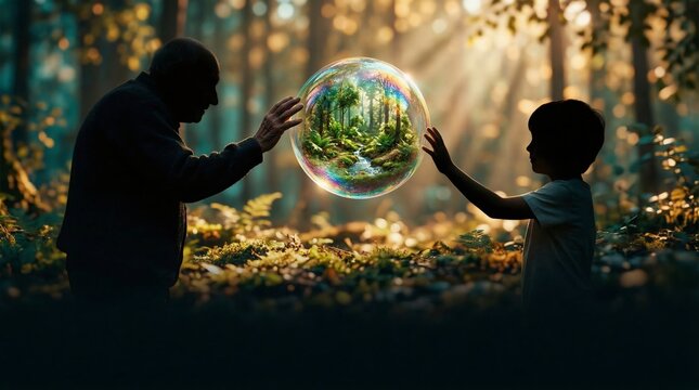 Silhouette of grandfather and grandson looking at holographic forest bubble for digital nature concept