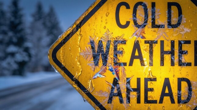 Extreme cold weather warning sign with ice crystals in winter landscape