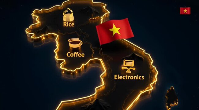 Natural Resources of Vietnam: Rice Coffee Electronics with National Flag, AI Generated