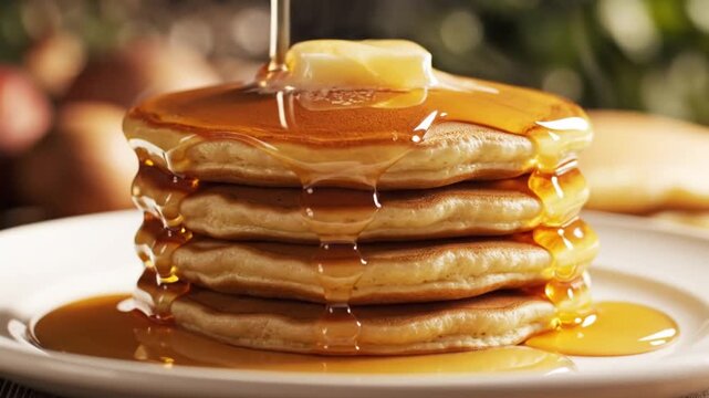 Syrup drizzled on pancake stack.