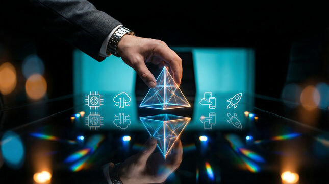 Professional Hand Placing a Futuristic Glowing Octahedron, Symbolizing Innovation, Data, and Advanced Technology Solutions in a Digital Business Environment.