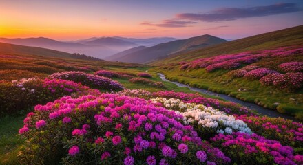 Fototapeta premium The image captures a breathtaking panoramic view of a vibrant mountain landscape at sunrise. A winding stream meanders through a lush meadow blanketed with a sea of pink rhododendrons.