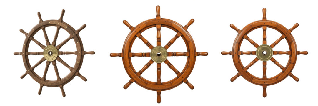 Wooden Ship Wheel Set, Vintage Nautical Helm Steering Collection, Antique Timber Maritime Navigation Symbols, Decorative Marine Boat Steering Wheels Isolated on White Background 3D