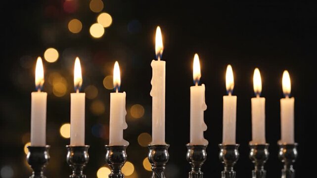 Nine white candles glow brightly in a candelabrum against a festive bokeh