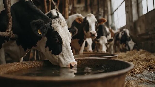Several farm animals are drinking water from large troughs inside a barn