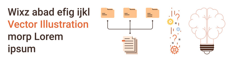 File sharing, creativity, workflow, innovation, problem-solving, brainstorming. Folders connected to documents, abstract brain and icons. File sharing and creativity concepts © robu_s