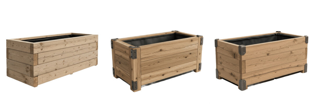 Wooden Raised Garden Bed Planter Box Set, Timber Outdoor Rectangular Flower Pot Collection, Rustic Backyard Herb Gardening Container Elements Isolated on White Background 3D Render
