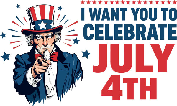 A patriotic illustration of Uncle Sam inviting you to celebrate Independence Day on July 4th