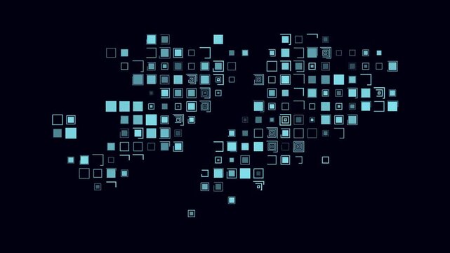 Falkland Islands map animation. Shape of the country with pulsating colored dots. Large size square blocks. Digital style Falkland Islands map on dark background. Stylish video.