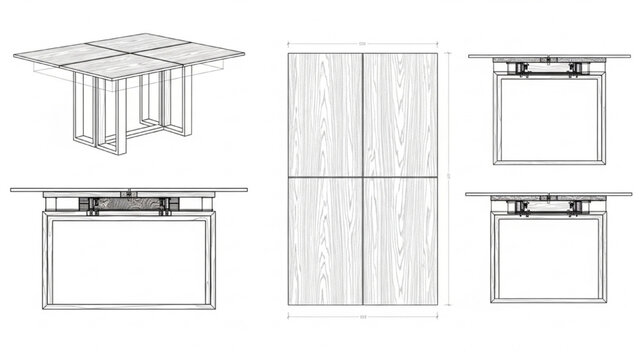 Modern Dining Table AutoCAD Blueprint with Section Views 3D Isolated on White Background