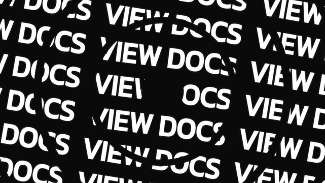 Circular text rings rotate in opposite directions showing the phrase view docs repeated along concentric paths around a center space.