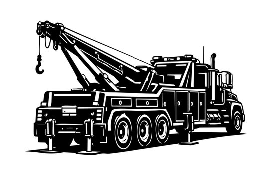 Rear three-quarter view of a heavy duty tow truck showing extended towing boom