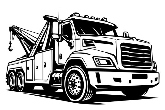 Solid black and white vector illustration of a generic heavy duty towing truck