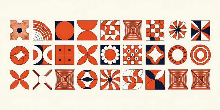 Abstract geometric icons, retro memphis patterns collection, orange and blue designs, memphis style, retro design, graphic elements, design set, modern art