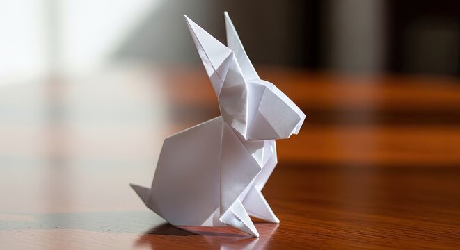 A white origami rabbit stands on a wooden surface. The rabbit is in a poised stance, with its ears erect and body angled slightly.