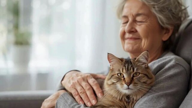 An elderly woman peacefully cuddles a relaxed tabby cat while sitting on a couch in a softly lit room. happy video
