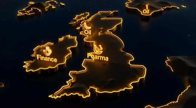 Glowing neon map of United Kingdom with oil and gas labels, finance and pharma sectors, dark background illustration