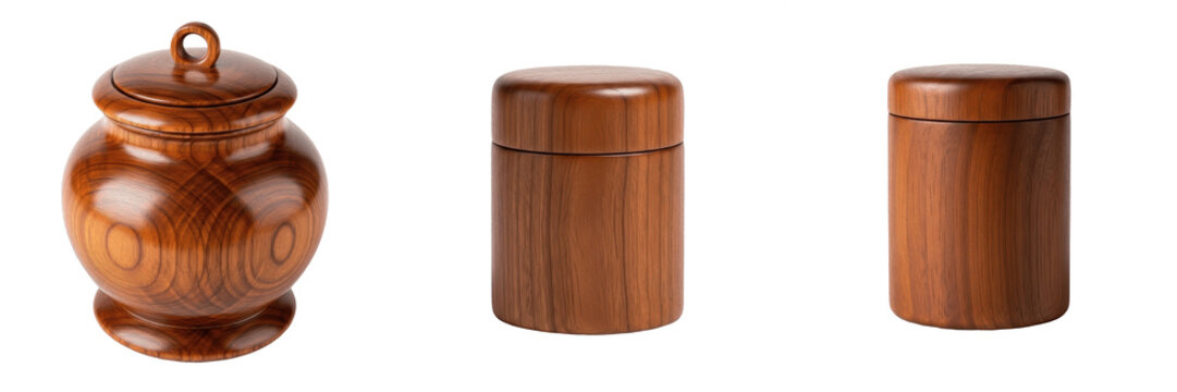 Set of Three Elegant Polished Wooden Urns and Jars with Lids Isolated on White Background - Luxury Handcrafted Wood Containers for Keepsakes, Cremation, and Decorative Home Decor
