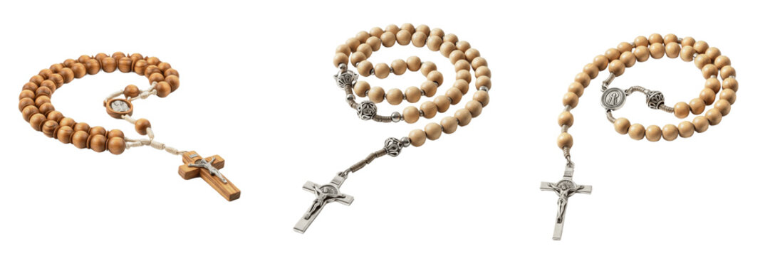 Set of Three Traditional Wooden Rosary Beads with Silver Crucifixes Isolated on White Background - Elegant Catholic Prayer Beads for Devotion, Meditation, and Religious Gift Giving