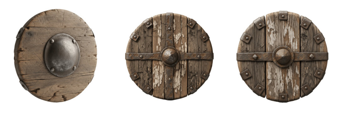Set of Three Weathered Viking Buckler Shields with Iron Bosses and Wooden Planks Isolated on White Background - Antique Round Medieval Shields for Warrior Defense and History