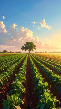 A serene agricultural landscape with rows of crops