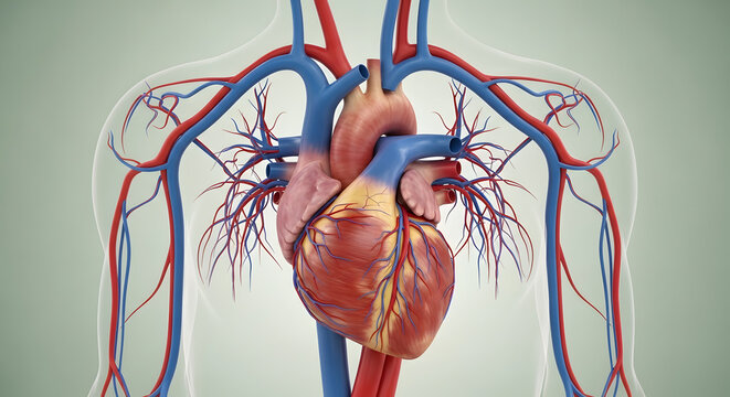 Detailed 3D Anatomy of Human Heart with Coronary Arteries and Veins. Highly detailed and photorealistic 3D medical illustration of the human heart