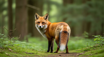 Fototapeta premium A curious red fox stands on a forest path surrounded by trees and greenery looking directly at the camera.