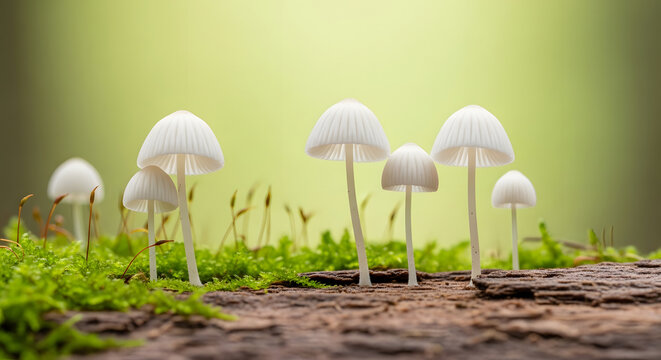 Several white mushrooms grow on a forest floor with moss and grass.