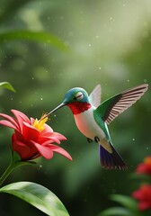 Fototapeta premium Hummingbird feeding on a red flower in a lush green environment animal background animal poster background for poster