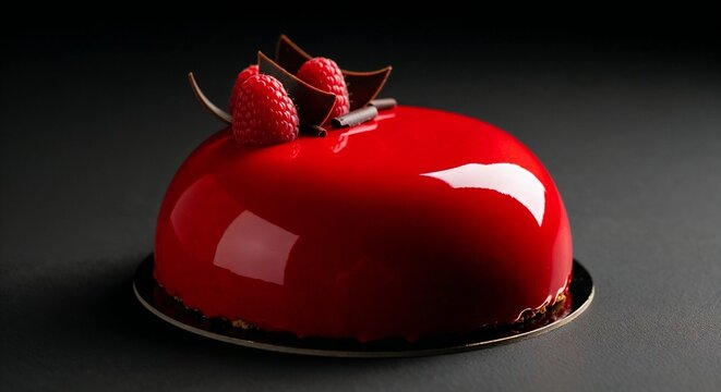 Mirror glaze raspberry mousse cake with glossy red surface