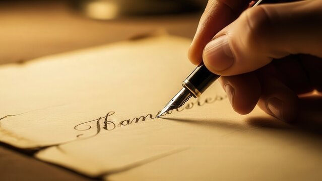 Hand writing thank you on a vintage paper card