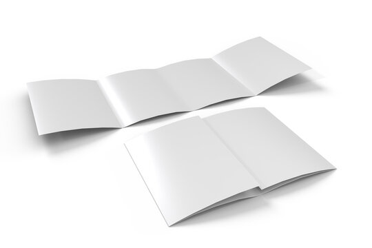 Blank four-fold brochure mockup with folded paper panels isolated on background. Clean minimal template ideal for flyer design, marketing brochures, corporate presentations, and print layout previews.