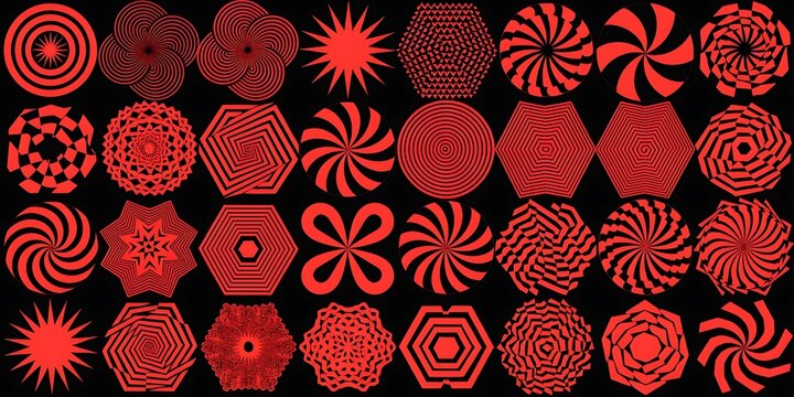 Red geometric abstract patterns and shapes, including hexagons, on black background, background design, design element, abstract art, digital art, computer graphic