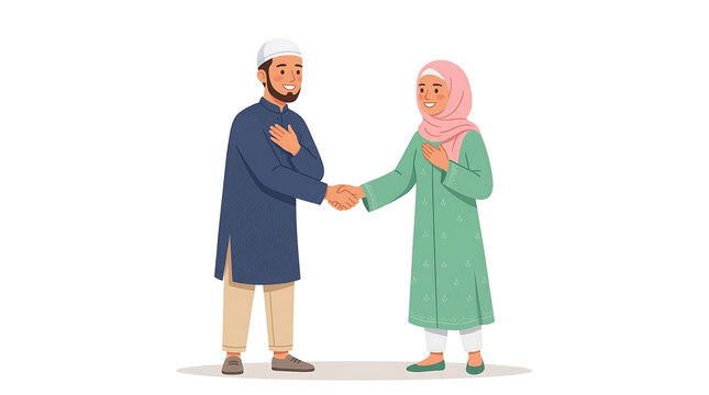 Muslim couple in traditional attire sharing a warm handshake, celebrating togetherness and cultural heritage