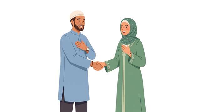 Two Muslim people wearing traditional clothing, shaking hands in a gesture of respect and friendship, celebrating cultural unity and diversity