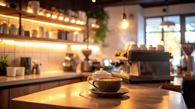 Soft cafe lighting flickers gently while steam rises from a coffee machine.
The drifting steam and warm light create a cozy coffee shop atmosphere.