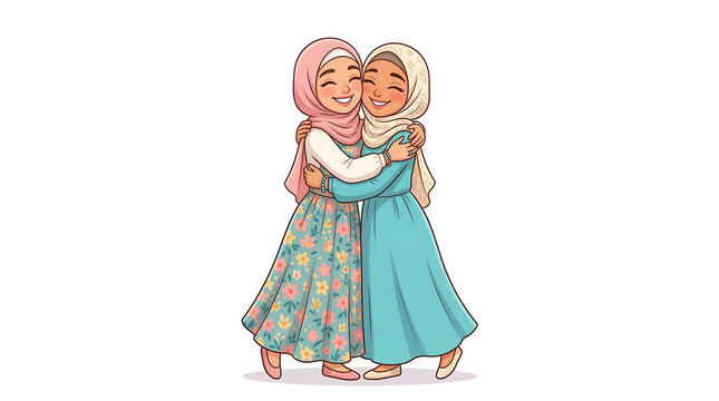 Joyful Muslim women embracing each other in a warm hug, symbolizing sisterhood, friendship, and cultural connection with radiant smiles