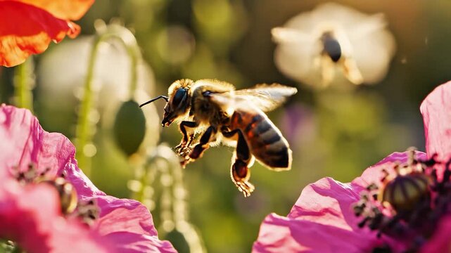 Close-up of a bee in flight, hovering near vibrant pink poppy flowers in a sunlit garden