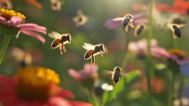 Close-up of bees swarming around colorful wildflowers in a sun-drenched meadow, capturing the essence of nature's pollination and summer beauty