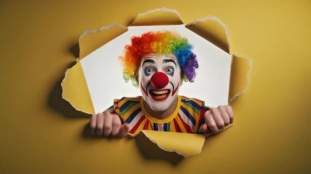 A cheerful and colorful clown with a bright rainbow wig and red nose excitedly peeks through a torn yellow paper backdrop, creating a playful and surprising moment