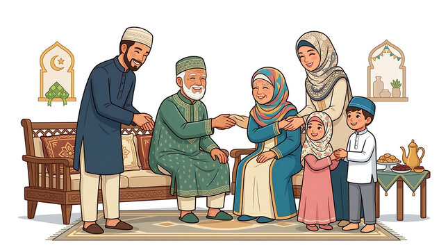 Multi-generational Muslim family celebrates a special occasion, exchanging thoughtful gifts and enjoying togetherness, reflecting cultural traditions and familial bonds