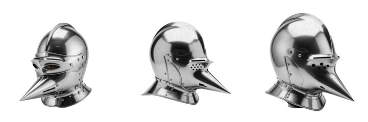 Medieval Knight Great Bascinet Helmets Set - Polished Steel Klappvisor Helm with Pointed Breathable Visors, Historical European Head Armor for Reenactment and RPG Combat Assets.