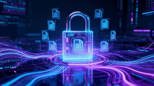 glowing digital lock protecting creative files and documents in cyberspace for intellectual property security concept