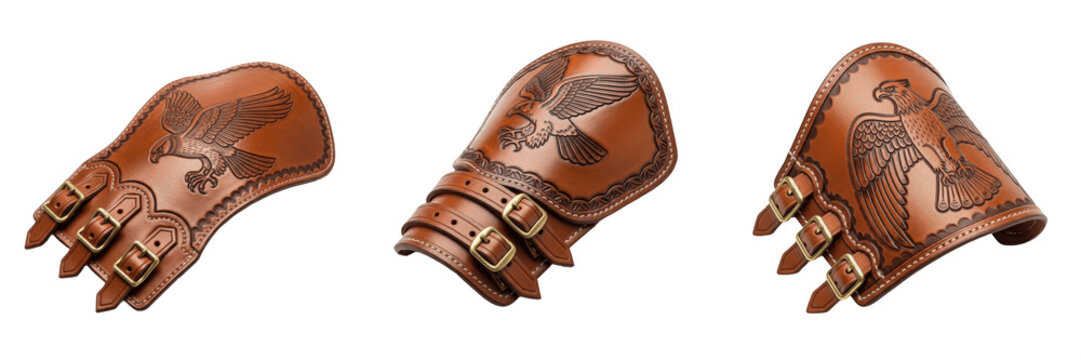 Medieval Leather Bracer Set - Handcrafted Brown Leather Vambraces with Embossed Eagle Design and Brass Buckles, Protective Arm Guards for Fantasy Cosplay, Archery, and LARP Gear.