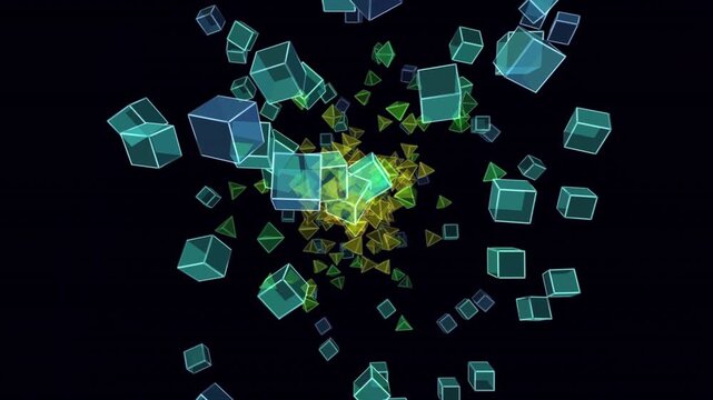 Hypnotic glassmorphism platonic solids rotating in a zero-gravity crystal clockwork orbit. 4K seamless loop of glowing transparent icosahedrons and cubes. Perfect for luxury tech and UI backgrounds.