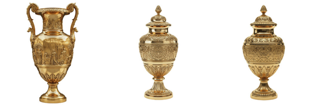 Set of Three Luxury Golden Vases and Ornate Urns Isolated on White Background: Detailed Antique Gold Decorative Vessels with Intricate Engravings and Lids for Elegant Interior Design.