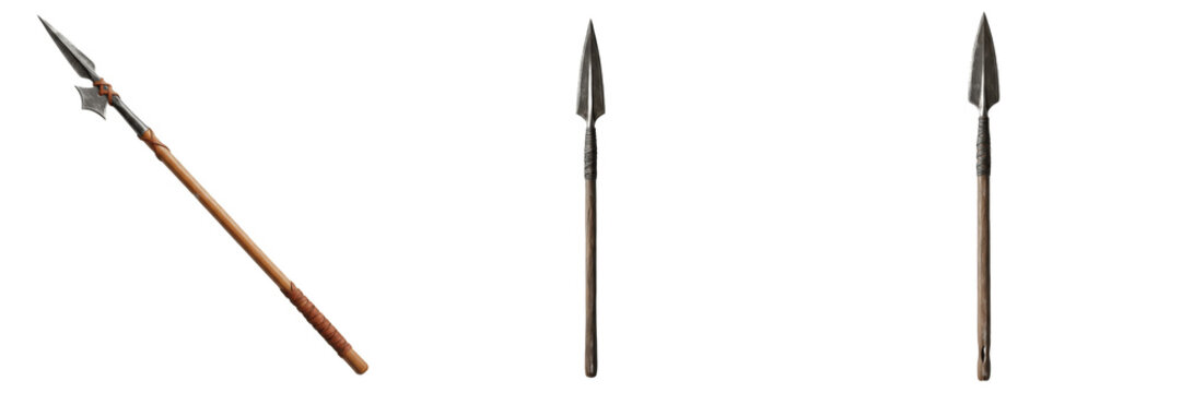 Set of Three Medieval Spears and Polearms Isolated on White Background: Sharp Forged Steel Spearheads with Long Wooden Shafts for Ancient Warrior, Infantry, and Fantasy Battle Design.