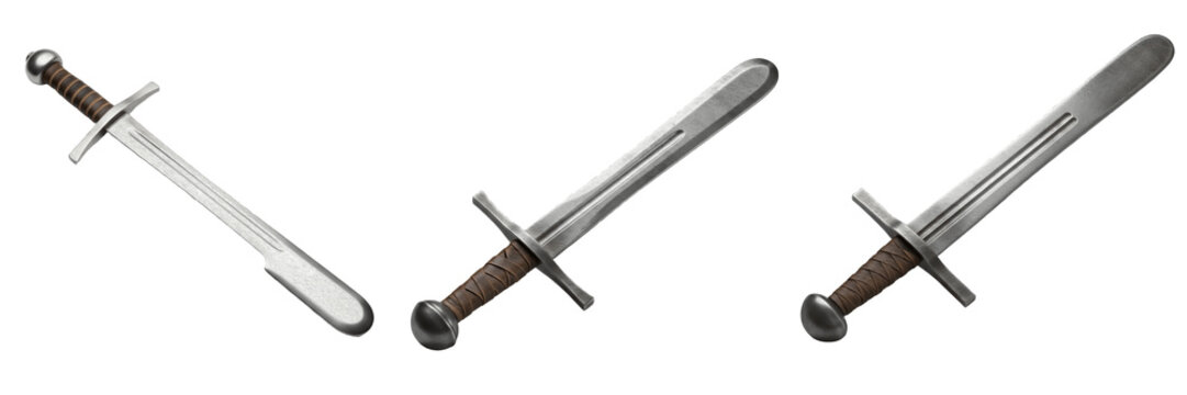 Set of Three Medieval Training Swords and Practice Blunts Isolated on White Background: Dull Steel Longswords with Rounded Tips and Wooden Grips for HEMA, Sparring, and History.