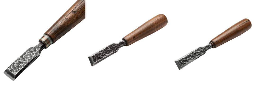 Set of Three Professional Woodworking Chisels Isolated on White Background: Sharp Forged Steel Blades with Ergonomic Wooden Handles for Carpentry, Wood Carving, and Craft Projects.